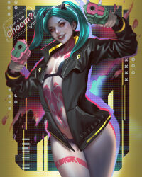 1girl :d artificial_eye black_jacket bra breasts colored_sclera colored_skin cyberpunk cyberpunk_(series) cyberpunk_edgerunners cyborg green_hair gun handgun highres holding holding_gun holding_weapon jacket leg_tattoo long_hair looking_at_viewer mechanical_eye mechanical_hands neck_tattoo open_mouth pink_tattoo rebecca_(cyberpunk) red_pupils red_sclera samurai_jacket_(cyberpunk) shyguyz small_breasts smile solo stomach_tattoo tattoo twintails underwear weapon white_skin
