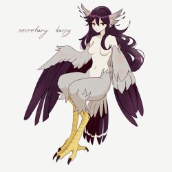 1girl :&lt; absurdres animal_ears bird bird_ears bird_legs bird_tail black_eyes black_feathers black_hair black_wings blush breasts commentary feathered_wings feathers hair_between_eyes harpy highres long_hair monster_girl navel no_nipples nude original secretarybird small_breasts solo tail talons two-tone_feathers unreal_fish white_feathers winged_arms wings