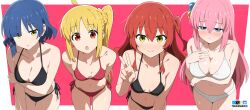 4girls :/ :o ahoge arm_under_breasts artist_name averting_eyes bikini black_bikini blonde_hair blue_eyes blue_hair bluesky_logo blush bocchi_the_rock! breasts cleavage closed_mouth collarbone cube_hair_ornament detached_ahoge earrings fanbox_logo gotoh_hitori green_eyes hair_ornament halterneck hand_on_own_chest highres ijichi_nijika jewelry kessoku_band kita_ikuyo large_breasts leaning_forward long_hair looking_at_viewer medium_breasts mole mole_under_eye multiple_girls navel one_side_up open_mouth orange_eyes pink_hair pixiv_logo raised_eyebrows red_bikini red_hair short_hair side-tie_bikini_bottom side_ahoge side_ponytail small_breasts smile stomach string_bikini stud_earrings swimsuit tsuranukko twitter_x_logo v very_long_hair white_bikini yamada_ryo yellow_eyes