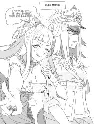 2girls absurdres animal_ears arm_hug bare_shoulders blunt_bangs breasts cleavage cocktail_dress commentary dress ear_ornament ears_through_headwear fenomeno_(umamusume) flipped_hair g0ldmonk gold_ship_(la_mode_564)_(umamusume) gold_ship_(umamusume) greyscale hat hat_ribbon highres horse_ears horse_girl horseshoe_hat_ornament korean_commentary korean_text monochrome multiple_girls nervous_sweating official_alternate_costume official_alternate_hairstyle one_eye_closed peaked_cap ponytail ribbon sanpaku sidelocks sketch speech_bubble sweat thought_bubble tongue tongue_out translation_request tsurime umamusume v