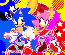 1boy 1girl amy_rose commentary eddysmash2407 english_commentary eyelashes hedgehog_boy hedgehog_girl highres holding sonic_(series) sonic_the_hedgehog toy_hammer
