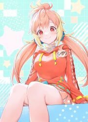 1girl absurdres ahoge blonde_hair blue_scrunchie blush breasts checkered_background floral_print gradient_hair hair_ornament hair_scrunchie highres hira_hikari hood hoodie lace-up_sleeves large_breasts long_hair looking_at_viewer low_twintails miniskirt multicolored_hair nameplate nanashi_inc. orange_hair orange_hoodie polka_dot polka_dot_background red_eyes scrunchie shirana_tamana sitting skirt smile solo thighs twintails two-tone_hair virtual_youtuber