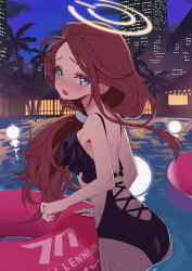 1girl absurdres arms_at_sides ass bare_back bare_shoulders bareback black_one-piece_swimsuit blue_archive blue_eyes blush breasts building city_lights clothing_cutout dripping frilled_one-piece_swimsuit frills hair_ornament hair_scrunchie halo highres hiyayakko_(jfky2528) innertube loli long_hair looking_at_viewer looking_back looking_to_the_side midriff moon moon_reflection night night_sky one-piece_swimsuit open_mouth palm_tree pool pool_float red_hair reflection scrunchie sky small_breasts stomach_cutout swim_ring swimsuit tree very_long_hair yellow_halo yuzu_(blue_archive)
