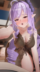 1girl absurdres alternate_costume babydoll bare_shoulders black_babydoll black_bra black_panties blurry blurry_background blush bow bra breasts cleavage collarbone commentary_request hair_bow highres indoors jumonji large_breasts long_hair looking_at_viewer mole mole_under_eye multicolored_hair open_mouth paid_reward_available panties partial_commentary pointy_ears purple_bow purple_hair red_eyes sidelocks solo streaked_hair sweat teeth underwear upper_teeth_only very_long_hair vivian_(zenless_zone_zero) zenless_zone_zero