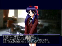 Rule 34 | 1girl, alternate costume, blue eyes, breasts, hair ribbon, highres, japanese text, legs, long hair, looking at viewer, nakoruru, open mouth, purple hair, ribbon, samurai spirits, school uniform, skirt, small breasts, snk, solo, the king of fighters, thighs, tongue, translation request
