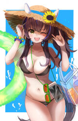 1girl animal_ears bikini black_hair blush breasts cleavage collarbone commentary_request daitaku_helios_(umamusume) fang flower hair_between_eyes hair_ornament hanamura_pink hat highres horse_ears horse_girl horse_tail innertube long_hair looking_at_viewer medium_breasts navel one_eye_closed open_mouth solo straw_hat swim_ring swimsuit tail umamusume yellow_eyes