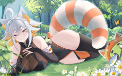 absurdres animal_ears breasts bug butterfly demenishki forest highres indie_virtual_youtuber insect large_breasts looking_at_viewer lying momokochiiyo multicolored_hair nature orange_hair purple_eyes raccoon_ears raccoon_tail smile solo tail thighs virtual_youtuber white_hair