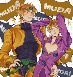 2boys abs arms_behind_head arms_up black_leotard black_nails blonde_hair closed_mouth clothing_cutout commentary cropped_jacket crotchless crotchless_pants dio_brando earrings father_and_son fingernails giorno_giovanna green_eyes green_headband hand_on_another&#039;s_hip hand_on_own_hip headband heart heart_cutout heattech_leotard highres jacket jewelry jojo_no_kimyou_na_bouken ladybug_ornament leotard long_sleeves looking_at_viewer maki_haruki male_focus multiple_boys muscular muscular_male open_clothes open_jacket pants purple_jacket sharp_fingernails short_hair speech_bubble stardust_crusaders turtleneck twitter_username vampire vento_aureo yellow_eyes yellow_jacket yellow_pants