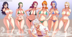 1boy 6+girls absurdres alvida_(one_piece) bellemere bikini black_bikini black_hair blonde_hair blue_bikini blue_hair breasts cleavage closed_eyes green_bikini green_hair grin harem highres huge_breasts jacket kaya_(one_piece) large_breasts lokidrawsart long_hair looking_at_viewer makino_(one_piece) monkey_d._luffy multiple_girls nami_(one_piece) navel nojiko_(one_piece) one_piece open_mouth orange_hair pimp purple_hair scar skindentation smile swimsuit underboob white_bikini white_jacket yellow_bikini