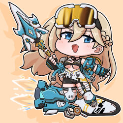1girl :d bare_shoulders black_gloves black_shorts blue_eyes blush braid breasts brown_background brown_hair chibi commentary_request durandal_(honkai_impact) durandal_(reign_solaris)_(honkai_impact) fingerless_gloves full_body gloves goggles goggles_on_head grey_shoes hair_between_eyes highres holding holding_polearm holding_weapon honkai_(series) honkai_impact_3rd hoverboard jacket long_hair looking_at_viewer medium_breasts mokkyo_(motkyo) open_mouth polearm shoes short_shorts shorts simple_background smile solo spear thighhighs very_long_hair weapon white_jacket white_thighhighs