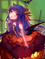 Rule 34 | 10s, 1girl, bat (animal), bat wings, blue hair, blush, demon horns, dress, elbow gloves, female focus, gloves, horns, idolmaster, idolmaster cinderella girls, long hair, looking at viewer, nemeko, red eyes, sajo yukimi, silhouette, smile, solo, wings