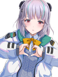 1girl admi_(nikke) blunt_bangs blush bow bowtie c-wing collared_shirt goddess_of_victory:_nikke green_hair green_jacket grey_hair grey_sweater hair_ornament headgear heart heart_hands highres hood hood_down hooded_jacket jacket long_sleeves looking_at_viewer medium_hair multicolored_hair open_mouth pink_eyes shirt standing streaked_hair sweater sweater_vest two-sided_fabric two-sided_jacket upper_body white_background white_jacket white_shirt yellow_bow yellow_bowtie