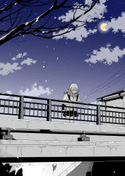 1girl absurdres backpack bag bare_tree blue_sky blush bridge closed_mouth cloud cloudy_sky crying dam enpera fringe_trim from_behind full_moon gradient_sky greyscale_with_colored_background half-closed_eyes hand_on_railing highres hood hooded_jacket hoodie industrial_pipe jacket lonely long_sleeves looking_down maria_komaki monochrome moon night original outdoors parted_lips pedestrian_bridge plaid_clothes plaid_scarf plaid_skirt pleated_skirt pocket power_lines railing sad scarf scenery school_uniform shadow shirt short_hair skirt sky solo star_(sky) tears tree wavy_mouth wide_shot