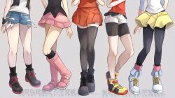 5girls bike_shorts black_boots black_pantyhose black_shorts black_socks black_thighhighs boots dawn_(pokemon) denim denim_shorts dress highres hilda_(pokemon) legs lower_body may_(pokemon) multiple_girls nintendo pantyhose pantyhose_under_shorts pink_boots pink_skirt pokemon pokemon_bw pokemon_bw2 pokemon_dppt pokemon_oras pokemon_xy red_shirt red_skirt rosa_(pokemon) serena_(pokemon) shirt short_shorts shorts shorts_under_shorts skirt socks thighhighs vest white_shorts yellow_shorts yomogi_(black-elf)