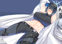 1girl abs armpits arms_behind_head baseball_cap blue_archive blue_eyes blue_hair blush breasts coat halo hat highres kiva017 large_breasts legs long_hair looking_at_viewer midriff navel open_clothes open_coat pants saori_(blue_archive) shirt sleeveless sleeveless_shirt smell solo sweat thighs