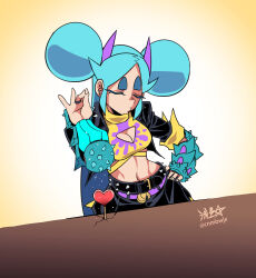 1girl arm_guards belt belt_buckle black_belt black_jacket blue_hair breasts buckle cleavage cleavage_cutout clothing_cutout commentary contrapposto crack crop_top double_bun hair_bun hand_on_own_hip highres horns jacket jewelry medium_breasts meme midriff navel original purple_belt purple_horns ring ryuusei_(mark_ii) salt_bae_(meme) shoulder_spikes shrimball_(ryuusei_(mark_ii)) signature solo spikes thick_eyebrows turtleneck twitter_username upper_body
