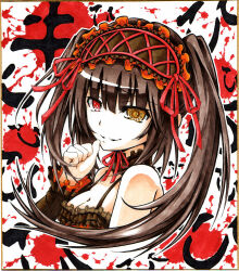 1girl bare_shoulders black_hair breasts cleavage clock_eyes date_a_live detached_sleeves dress frilled_dress frills hairband heterochromia lolita_hairband long_hair peroshiti_aniki red_eyes shikishi smile solo symbol-shaped_pupils tokisaki_kurumi tokisaki_kurumi_(spirit) traditional_media twintails yellow_eyes
