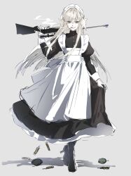 Rule 34 | 1girl, apron, au ra, black boots, black dress, blue eyes, boots, cigarette, dress, explosive, final fantasy, final fantasy xiv, floating hair, full body, grenade, grey background, grin, gun, highres, horns, juliet sleeves, long hair, long sleeves, looking at viewer, maid, maid apron, maid headdress, millimetre 0, monster girl, mouth hold, over shoulder, portrait, puffy sleeves, rifle, scales, simple background, skirt hold, smile, smoke, smoking, sniper rifle, solo, walking, warrior of light (ff14), weapon, weapon over shoulder, white apron