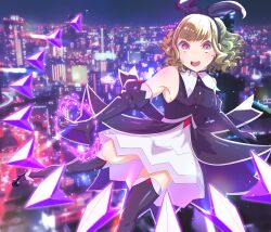 1girl :d absurdres armpits black_footwear black_gloves black_hairband black_shirt black_thighhighs blunt_bangs blush breasts brown_hair center_frills commentary earrings elbow_gloves foot_out_of_frame frills gloves hairband highres jewelry kachimachi_kosuzu kachimachi_kosuzu_(mahou_shoujo_rhythmic_heart) link!_like!_love_live! long_hair looking_at_viewer love_live! magic magical_girl official_alternate_costume open_mouth pink_eyes shirane_nanimo shirt skirt small_breasts smile solo teeth thighhighs upper_teeth_only virtual_youtuber wavy_hair white_skirt zettai_ryouiki