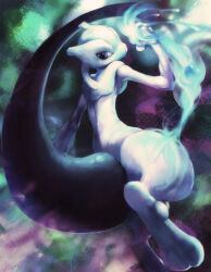 Rule 34 | 1other, alternate color, animal focus, blue eyes, blue light, blue skin, colored skin, energy, from behind, gen 1 pokemon, large tail, legendary pokemon, looking at viewer, looking back, makumaku, mewtwo, multicolored skin, nintendo, no humans, official alternate color, pokemon, pokemon (creature), shiny pokemon, sideways glance, solo, tail, two-tone skin, white skin