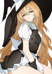 1girl :o absurdres arm_between_legs black_hat black_skirt black_vest blonde_hair braid commentary_request hat head_tilt highres kirisame_marisa long_hair looking_at_viewer puffy_short_sleeves puffy_sleeves shirt short_sleeves simple_background single_braid skirt solo straight_hair thighs touhou unanooo_(fthx7532) very_long_hair vest white_background white_shirt witch_hat