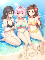 #unicus_(idolmaster) 3girls ahoge apple aqua_bikini arm_support arm_under_breasts bangle bare_shoulders barefoot bikini bikini_under_clothes black_bikini black_hair blue_flower blush bracelet breasts brown_hair cleavage closed_mouth collarbone crossed_bangs day drawstring fang floral_print flower food frilled_bikini frills front-tie_bikini_top front-tie_top fruit full_body groin hair_between_eyes hair_flower hair_intakes hair_ornament hairclip heart highres hood hoodie idolmaster idolmaster_cinderella_girls jewelry knee_up knees_together_feet_apart large_breasts lens_flare lips multicolored_hair multiple_girls navel ocean off_shoulder open_fly open_mouth outdoors pink_eyes pink_hair pointing pointing_at_self red_flower red_scrunchie ring sand sand_art scrunchie sharp_teeth shiny_skin shore short_shorts shorts side-tie_bikini_bottom sitting skin_fang sun sunazuka_akira sunlight swept_bangs swimsuit teeth thighs tongue tsujino_akari two-tone_hair wariza water wet wet_hair white_hoodie white_shorts wrist_scrunchie yellow_bikini yellow_flower yoshikita_popuri yumemi_riamu