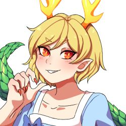 1girl blonde_hair blue_bow blue_shirt bow dragon_tail eyes_visible_through_hair hair_between_eyes hanaarts hand_up horns kicchou_yachie nail_polish red_eyes red_nails shirt short_hair simple_background smile solo tail teeth touhou white_background