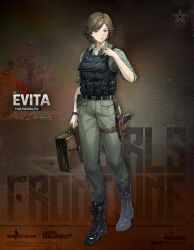 1girl arena_breakout black_boots blue_eyes boots brown_hair bulletproof_vest character_name commentary crossover earpiece english_text evita_(arena_breakout) girls&#039;_frontline green_pants green_shirt gun handgun highres holding holding_suitcase holster holstered official_art pants radio shirt sleeves_rolled_up solo suitcase thigh_holster watch weapon wristwatch