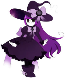 1girl back_bow black_eyes boots bow bowtie closed_mouth colored_skin dress full_body funamusea_(style) gallaxi glasses hat hat_bow long_hair original pointy_ears purple_boots purple_bow purple_bowtie purple_dress purple_hair purple_hat smile solo very_long_hair white_skin