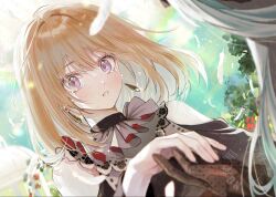 2girls bang_dream! bang_dream!_it&#039;s_mygo!!!!! black_choker black_gloves black_sleeves blonde_hair blurry blurry_background branch choker clothing_cutout collar commentary crying crying_with_eyes_open depth_of_field doloris_(bang_dream!) earrings facing_another falling_feathers feathers flower foliage gloves grey_hair hair_between_eyes highres holding_hands jewelry kawaiiitigo15 light_particles long_sleeves looking_at_viewer medium_hair misumi_uika multiple_girls oblivionis_(bang_dream!) outdoors parted_lips purple_eyes rainbow shoulder_cutout sunlight symbol-only_commentary tears togawa_sakiko upper_body watermark white_collar