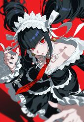 absurdres ai-generated black_dress black_hair black_nails bonnet celestia_ludenberg choker danganronpa:_trigger_happy_havoc danganronpa_(series) dress drill_hair earrings frilled_dress frilled_jacket frills gothic_lolita headdress highres jacket jewelry kawaaniiiii layered_skirt lolita_fashion necktie print_necktie red_background red_eyes red_necktie ribbon_choker skirt twin_drills v-bangs