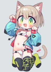 1girl animal_ear_fluff animal_ears bikini blush brown_hair cat_ears cat_tail choker fang flat_chest green_eyes grey_background hair_between_eyes highres micro_bikini nanatsuta navel original short_hair simple_background swimsuit tail thighhighs