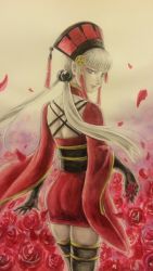00 00_(sp_ephemeral) 1girl bad_id bad_pixiv_id delphine_eraclea female_focus flower gloves hat last_exile painting_(medium) petals red_flower red_rose rose rose_petals skirt solo traditional_media twintails watercolor_(medium)