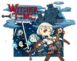 3girls 4boys adventure_time avallac&#039;h belt black_gloves brown_belt brown_gloves brown_hair ciri closed_mouth commentary_request copyright_name dress elf eredin_breacc_glas facial_hair geralt_of_rivia gloves hair_between_eyes holding holding_sword holding_weapon imlerith korean_commentary long_sleeves looking_at_viewer looking_to_the_side magic mountain multiple_boys multiple_girls open_mouth pants parody pointy_ears scar scar_across_eye scar_on_face serious shirt sidelocks simple_background snow stubble sword the_witcher_(series) the_witcher_3 triss_merigold unoobang weapon white_background white_hair white_shirt yennefer zoltan_chivay