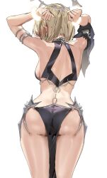 1girl absurdres arched_back arms_behind_head arms_up ass back bare_shoulders blonde_hair breasts commentary cowboy_shot facing_away from_behind halo highres median_furrow medium_breasts mendou_kusai midriff original pelvic_curtain revealing_clothes short_hair simple_background solo thighs white_background