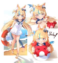 1girl absurdres ahoge animal_ear_fluff animal_ears blonde_hair blue_eyes blue_hair cat_ears closed_mouth crab dress fang fins fish_girl fish_tail highres indie_virtual_youtuber long_hair low_twintails one_side_up open_mouth sameko_saba sleeveless sleeveless_dress smile solo tail twintails very_long_hair virtual_youtuber white_dress yoruhanamai