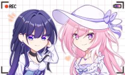 Rule 34 | 2girls, battery indicator, breasts, cleavage, commentary, diamond-shaped pupils, diamond (shape), dress, earrings, elysia (herrscher of human: ego) (honkai impact), elysia (honkai impact), elysia (summer 2025) (honkai impact), grid background, hat, highres, honkai (series), honkai impact 3rd, jewelry, large breasts, long hair, multicolored hair, multiple girls, official alternate costume, pink hair, purple eyes, purple hair, raiden mei, raiden mei (apho), recording, shiyuki (yuki 09 22), smile, sun hat, sundress, symbol-only commentary, symbol-shaped pupils, two-tone hair, very long hair, viewfinder, white dress, white hair, white hat