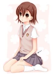 10s 1girl 2012 artist_name bare_legs blush brown_eyes brown_hair brown_sweater_vest female_focus from_side full_body grey_skirt highres kneeling lizumi looking_at_viewer loose_socks matching_hair/eyes miniskirt misaka_mikoto school_uniform shirt short_hair simple_background skirt socks solo summer_uniform sweater_vest thick_thighs thighs toaru_kagaku_no_railgun toaru_majutsu_no_index tokiwadai_school_uniform white_shirt white_socks