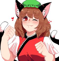 1girl :3 animal_ears brown_hair cat_ears cat_tail chen fang green_hat hanaarts hat highres medium_hair multiple_tails nekomata red_vest solo tail touhou two_tails vest