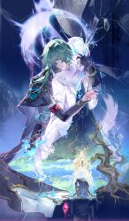1boy 1girl anaxa_(honkai:_star_rail) bare_tree black_coat black_sleeves blonde_hair blue_background blue_eyes blue_fire blue_shirt broken_glass calypso_(honkai:_star_rail) coat commentary detached_sleeves english_commentary eyepatch feet_out_of_frame fire full_moon glass green_hair hand_tattoo highres honkai:_star_rail honkai_(series) horns hug kneeling lake light_smile long_hair long_sleeves moon qingming_tiaohetu shirt tattoo tree white_shirt
