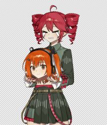 2girls a.i._voice adachi_rei ahoge belt black_shirt black_skirt brown_belt collared_shirt computer_chip cowboy_shot double-parted_bangs drill_hair fingernails grey_shirt hair_between_eyes hair_ornament hair_ribbon head_only headlamp headphones junlin_drake kasane_teto kasane_teto_(voicepeak) long_sleeves looking_at_viewer microphone midriff_peek miniskirt multiple_girls orange_eyes orange_hair plaid_background print_shirt print_skirt radio_antenna red_belt red_nails red_skirt ribbon shirt side_ponytail skirt smile sound_wave twin_drills utau voicepeak white_ribbon wing_collar