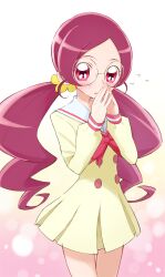 1girl aizawa_zawapo blurry blush bokeh bow bowtie buttons commentary cowboy_shot depth_of_field dress flower flying_sweatdrops glasses gradient_background hair_flower hair_ornament hair_scrunchie hanasaki_tsubomi hands_up heartcatch_precure! highres long_hair long_sleeves looking_at_viewer low_twintails myoudou_gakuen_middle_school_uniform official_style own_hands_together parted_bangs parted_lips pink_background pink_eyes pink_hair pink_sleeve_cuffs pleated_dress precure red_bow red_bowtie round_eyewear sailor_collar school_uniform scrunchie short_dress shy sleeve_cuffs solo standing twintails two-tone_background umakoshi_yoshihiko_(style) white_background white_sailor_collar yellow_dress yellow_scrunchie