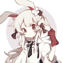 1girl adjusting_hood animal_ears black_bow black_bowtie black_flower blunt_bangs bow bowtie cloak closed_mouth colored_lineart colored_skin double-parted_bangs flat_chest flower gloves grey_background grey_eyes hair_flaps hair_flower hair_ornament hand_up highres hood hood_down hooded_cloak light_smile long_hair looking_at_viewer mari_sleep original rabbit_ears rabbit_girl red_gloves shirt solo spot_color sweater_guard three-quarter_sleeves upper_body white_background white_cloak white_flower white_shirt white_skin white_theme