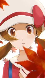 1girl bow brown_eyes brown_hair collarbone commentary_request hat hat_bow highres leaf long_hair looking_at_viewer lyra_(pokemon) nakikot_t nintendo open_mouth pokemon pokemon_hgss red_bow shirt simple_background solo twintails upper_body white_background white_hat