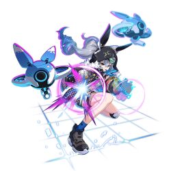 Rule 34 | 1girl, aiming, aiming at viewer, animal ear hood, black jacket, black shorts, blue socks, bronya zaychik, bronya zaychik (haxxor bunny), bullpup, drill hair, drone, dual wielding, fake animal ears, firing, firing at viewer, full body, grey eyes, grey hair, grin, gun, holding, holding gun, holding weapon, honkai (series), honkai impact 3rd, hood, jacket, knee pads, long hair, looking at viewer, official art, on one knee, p90, shorts, single knee pad, smile, socks, solo, submachine gun, teeth, transparent background, twin drills, weapon