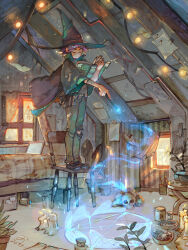 1boy artist_logo bandaged_arm bandages bed bedroom belt_pouch blue_magic_circle book bowl brown_cape brown_hat brown_shoes candle cape casting_spell closed_eyes closed_mouth commentary computer curtains dated day full_body glowing glowing_lines green_pants green_shirt hat hat_ribbon high_collar highres holding holding_book holding_wand indoors jar laptop logo magic magic_circle on_chair open_book original pants plant potted_plant pouch purple_hair rafters ribbon runes shirt shoes short_hair simz skull solo standing string_of_light_bulbs sunlight table torn_clothes torn_pants wand window witch_hat wizard wooden_chair