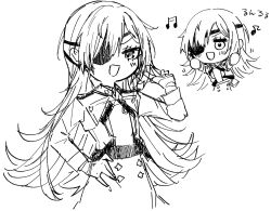 1girl :d blush chibi chibi_inset dress eyepatch flat_chest gloves goddess_of_victory:_nikke greyscale guillotine_(nikke) half_gloves long_hair looking_at_viewer military_uniform monochrome musical_note open_mouth pout sketch smile solo tu_pa_pa_pa