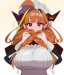 1girl ahoge apron black_dress blonde_hair bow braid breasts cosplay dismassd dragon_girl dragon_horns dragon_tail dress embroidered_dress empire_waist frilled_hat frills grabbing_own_hair hair_intakes hat high-waist_dress highres hololive hololive_english horn_bow horn_ornament horns kiryu_coco large_breasts long_hair looking_at_viewer low_twin_braids maid maid_apron mob_cap multicolored_hair open_mouth orange_hair ouro_kronii ouro_kronii_(cosplay) ouro_kronii_(maid) pocket_watch pointy_ears puritan_collar red_eyes simple_background smile solo streaked_hair tail twin_braids victorian_maid virtual_youtuber watch white_apron