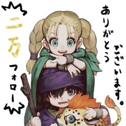 1boy 1girl bianca_(dq5) blonde_hair blue_eyes borongo braid cape dragon_quest dragon_quest_v earrings hero_(dq5) highres jewelry jun_(navigavi) long_hair looking_at_viewer open_mouth simple_background smile turban v white_background