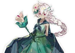 1girl braid calla_lily cape cookie_run cookie_run:_kingdom dress f4d1a6 flower gem green_cape green_dress green_gemstone highres holding holding_staff long_hair looking_at_viewer pink_eyes simple_background solo staff very_long_hair white_background white_hair white_lily_cookie